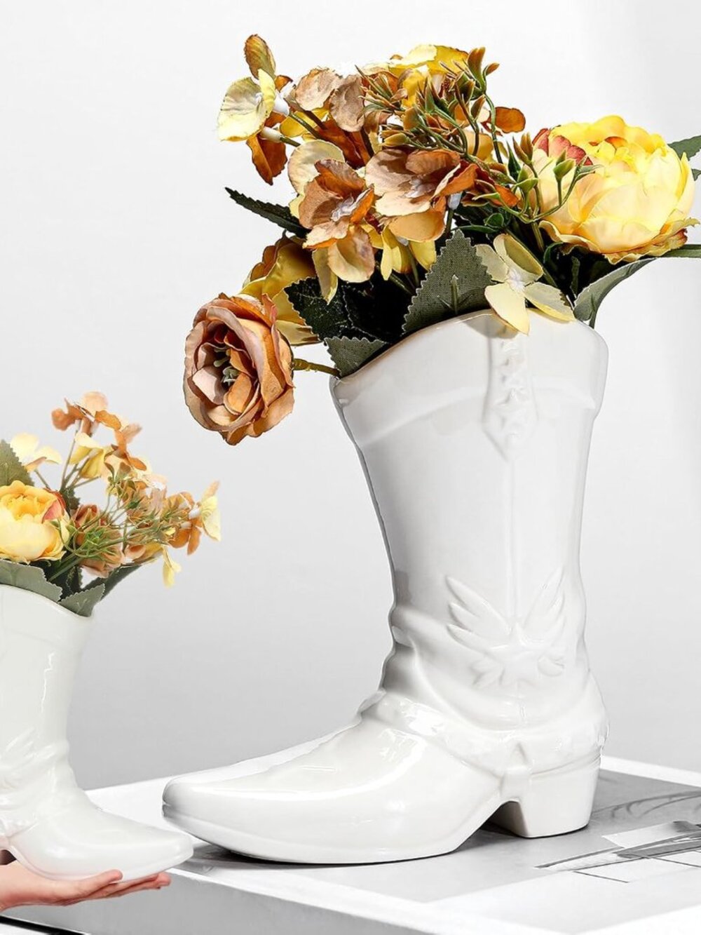 8.7 Inch Cowgirl Boot Vase Cowboy Decor for Flowers, White